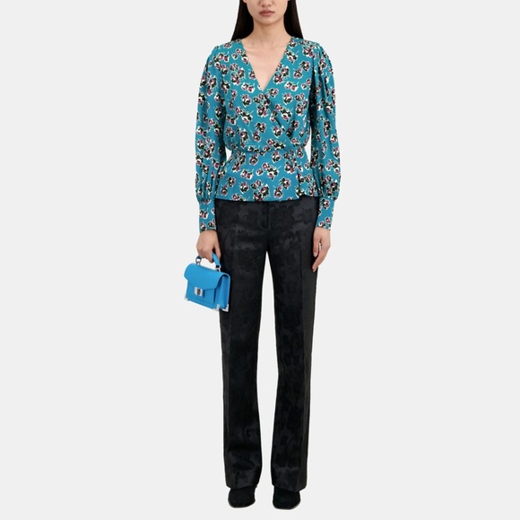The Kooples Crossover Wrap Top- Blue Floral Satin Long Sleeve Blouse - Picture 3 of 6